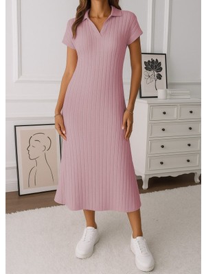 Ne Verelim Size Kadın Kısa Kollu Yakalı Yandan Yırtmaçlı Kalın Fitilli Kaşkorse Elbise