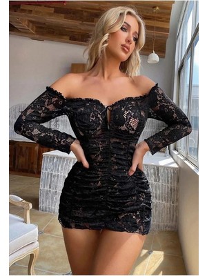 Akman Büzgülü Dantelli Kayık Yaka Elbise Büyük Bedenlere Uygun