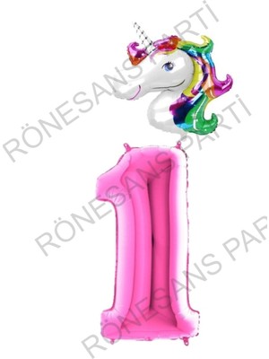Feyza Design Fuşya Rakam ve Unicorn Folyo Balon Seti - Pembe Renkli