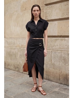 Hiccup Kadın MY FASHION Yüksek Bel Keten Karışımı İki Parçalı Gömlek Yakalı Takım Siyah