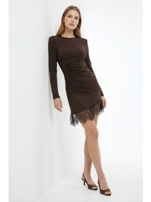 Rays Kahve Etek Dantelli Uzun Kol Elbise 261634