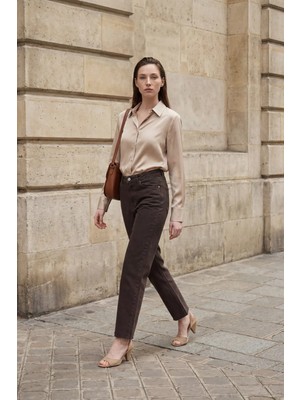 Hiccup Kadınlar MY FASHION Yüksek Bel, Bilek Boyu, Düz Paça, Cepli Kot Pantolon Kahve Kahvesi
