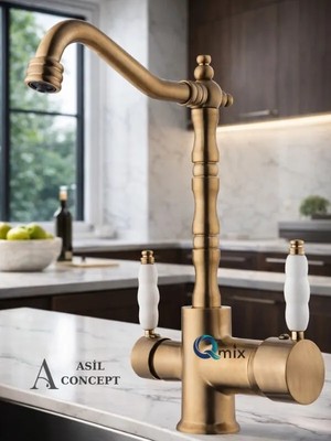Qmix LÜX KOMPLE PİRİNÇ MALZEME RUSTİK MODEL MUTFAK EVİYE BATARYASI MAT-GOLD