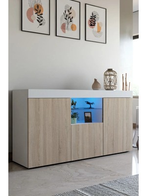 ODESSIA Konsol LED Aydınlatmalı Şık Büfe Cam Raflı Modern ve Zarif Konsol Beyaz Sonoma Elegant