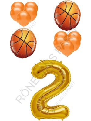 Feyza Design Altın Renk Basketbol Topu ve Rakam Folyo & Latex Balon Seti, Yaş 2