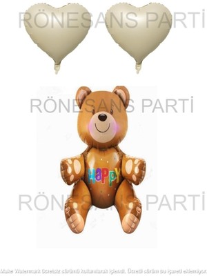 Feyza Design Bej Renkli Folyo Balon Seti - Yazılı Oturan Ayı ve Kalp Tasarımı