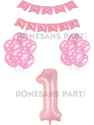 Feyza Design Iyiki Doğdun Yazılı Pembe Renk Balon ve Rakam Seti Yaş 1