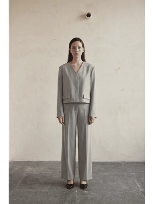 Hiccup Kadın MY FASHION V Yaka Cepli Özel Dikim Ceket Gri