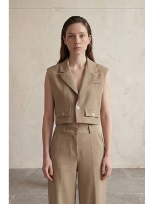 Hiccup Kadınlar MY FASHION Düğmeli Crop Yelek, Ceket Yakalı Deve Kahvesi