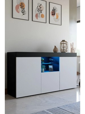 ODESSIA Konsol LED Aydınlatmalı Şık Büfe Cam Raflı Modern ve Zarif Konsol Siyah Beyaz Elegant