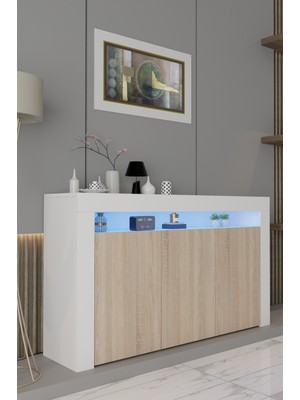 ODESSIA Konsol LED Aydınlatmalı Şık Büfe Modern ve Zarif Konsol Antre ve Yemek Odası Konsolu,Dolap Beyaz -Sonomo