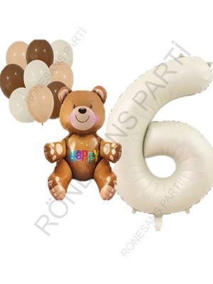 Feyza Design Bej Rakam Ayı Folyo ve Latex Balon Seti Yaş 6