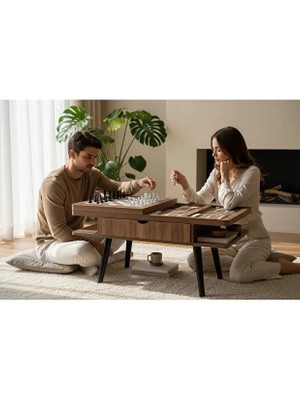 Satranç, Tavla, Dama Oyun Masası 2 Çekmeceli Orta Sehpa 60X100 cm Ahşap Satranç Sehpası