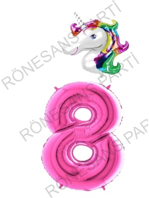 Feyza Design Pembe Renkli Unicorn ve Rakam Folyo Balon Seti 8'li