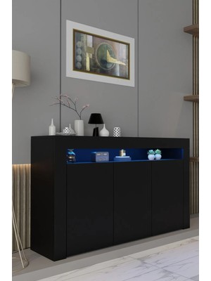 ODESSIA LED Aydınlatmalı Modern Siyah Konsol Büfe – Kapaklı Şık Salon Konsolu, Dekoratif Antre ve Yemek Odası Dolabı