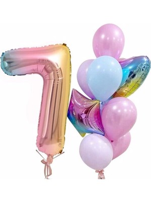 Feyza Design Renkli Pembe Rakam Balon 7 Yaş Partisi Dekorasyonu