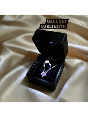 Generic Işıklı Özel Kutulu Gül Kuvars Rüyası Pembe Kalp Takı Seti Gümüş Kaplama Paslanmaz Çelik Zarif Hediye
