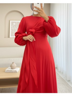 Modamorfo Önden Çapraz Bağlama Detaylı Janjan Kumaş Elbise -Kırmızı