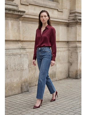 Hiccup Kadınlar MY FASHION Yüksek Bel, Bilek Boyu, Düz Paça, Cepli Kot Pantolon Oxford Mavisi