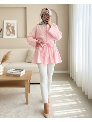 Modamorfo Beli Bağcıklı Boydan Taş Düğmeli Tunik -Pembe