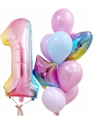 Feyza Design Renkli Pembe Folyo Balon, Yaş Konseptli 1 Yaş Doğum Günü Dekorasyonu