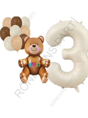 Feyza Design Bej Rakam Ayı Folyo ve Latex Balon Seti Yaş 3
