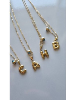 Harf Kolye Balon Model Nazar Boncuklu Gold Çelik -316L