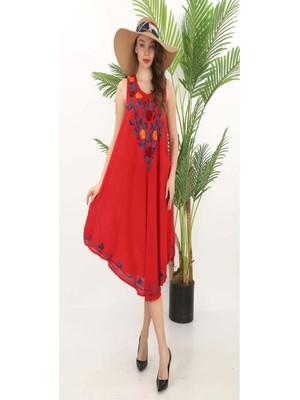 Fibula Otantik ve Bohem Işlemeli %95 Pamuk Standart Beden Ithal Midi Elbise