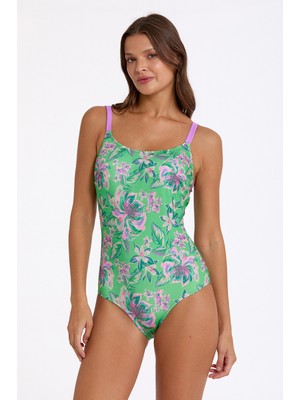 Argento Kadın Yeşil Çiçek Desenli Sabit Ince Kaplı Yuvarlak Yaka Toparlayıcı Mayo