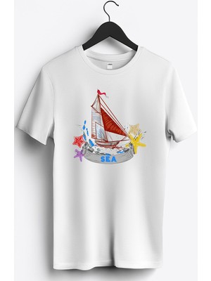MGAX Denizci Yelkenli Gemi Baskılı Regular Sıfır Yaka %100 Pamuk Unisex Penye T-Shirt