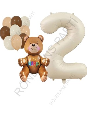 Feyza Design Bej Rakam Ayı Folyo ve Latex Balon Seti Yaş 2