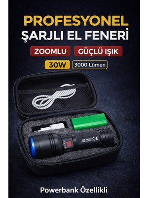 Edison Şarjlı Avcı Tipi LED El Feneri 30W 3000 Lümen 8000 Mah Li-Ion Bataryalı Taşıma Çantalı Güçlü