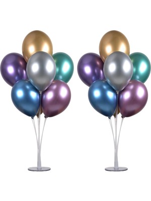 Feyza Design 2 Balon Standı ve 14 Krom Renkli Balon Seti 12 Inç