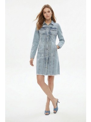 Rays Buz Mavisi Püsküllü Cepli Mini Kot Elbise 2519