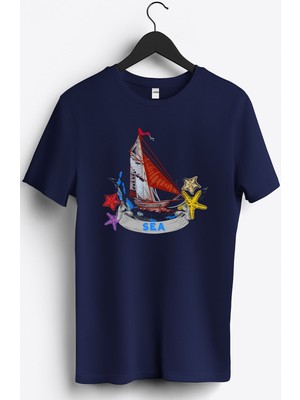 MGAX Denizci Yelkenli Gemi Baskılı Regular Sıfır Yaka %100 Pamuk Unisex Penye T-Shirt