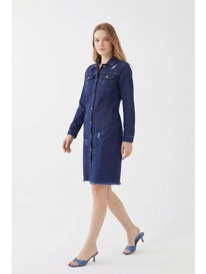 Rays Koyu Mavi Püsküllü Cepli Mini Kot Elbise 2519