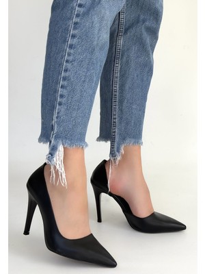 Alfaze Siyah Cilt Sivri Burun Ince Topuklu Şık Klasik Stiletto Ayakkabı Topuk Boyu 10 cm