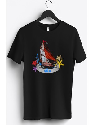 MGAX Denizci Yelkenli Gemi Baskılı Regular Sıfır Yaka %100 Pamuk Unisex Penye T-Shirt
