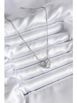 TE Dükkan Buğz 316L Çelik Gümüş Renk Zirkon Taşlı Boynuz Model Kadın Kolye - Buğz