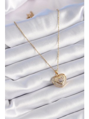 Alvo Store Buğz 316L Çelik Gold Renk Zirkon Taşlı Kalp Model Vintage Kadın Kolye - Buğz