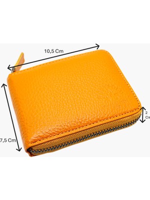 Westpolo Hakiki Deri Unisex Fermuarlı Cüzdan Kartlık - Hardal
