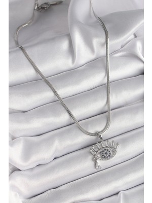 TE Dükkan Buğz 316L Çelik Gümüş Renk Italyan Zincir Zirkon Taşlı Göz Model Kadın Kolye - Buğz