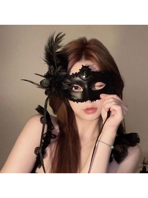 Alvo Store Buğz Siyah Mat Renk Yandan Tüylü Güllü Parti Balo Venedik Maskesi