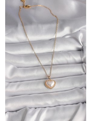 Alvo Store Buğz 316L Çelik Gold Renk Zincir 3D Inci Kalp Model Kadın Kolye - Buğz
