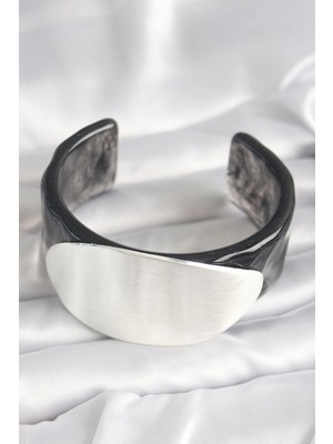 Alvo Store Buğz Siyah Mermer Desen Akrilik Plastik Gümüş Oval Plaka Model Vintage Kadın Bilezik - Buğz