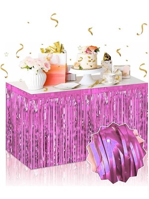 EkoAlışverişDünyam Kendinden Yapışkanlı Pembe Metalize Püsküllü Masa Eteği – 75 x 275 cm Parti Süslemesi