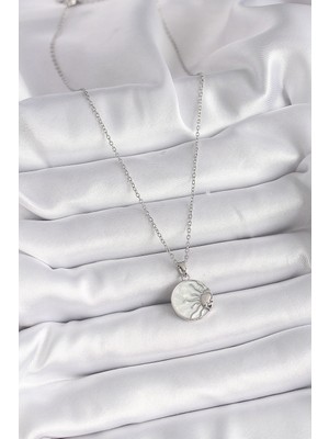 Alvo Store Buğz 316L Çelik Gümüş Renk Zincir Beyaz Sedefli Gün Batımı Model Kadın Kolye - Buğz