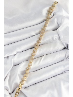 Alvo Store Buğz Pirinç Zirkon Taşlı Yarım Topcuk Model Gold Renk Vıp Seri Kadın Bileklik - Buğz