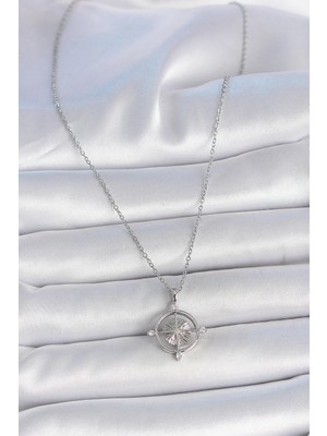 Alvo Store Buğz 316L Çelik Gümüş Renk Zincir Zirkon Taşlı Pusula Model Kadın Kolye - Buğz