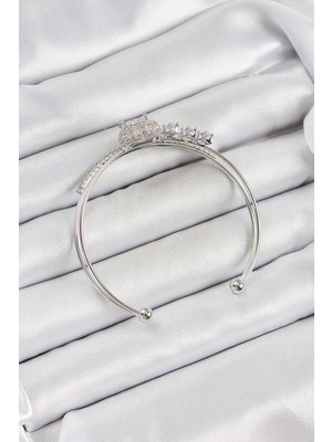 Alvo Store Buğz Pirinç Gümüş Renk Kalpli Zirkon Taşlı Kadın Bileklik - Buğz